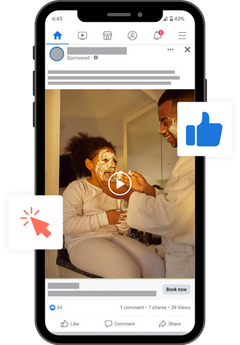 Facebook video ad visual on mobile with click and like icons on top
