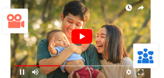 YouTube ad visual with YouTube play button, camera and audiences icons on top